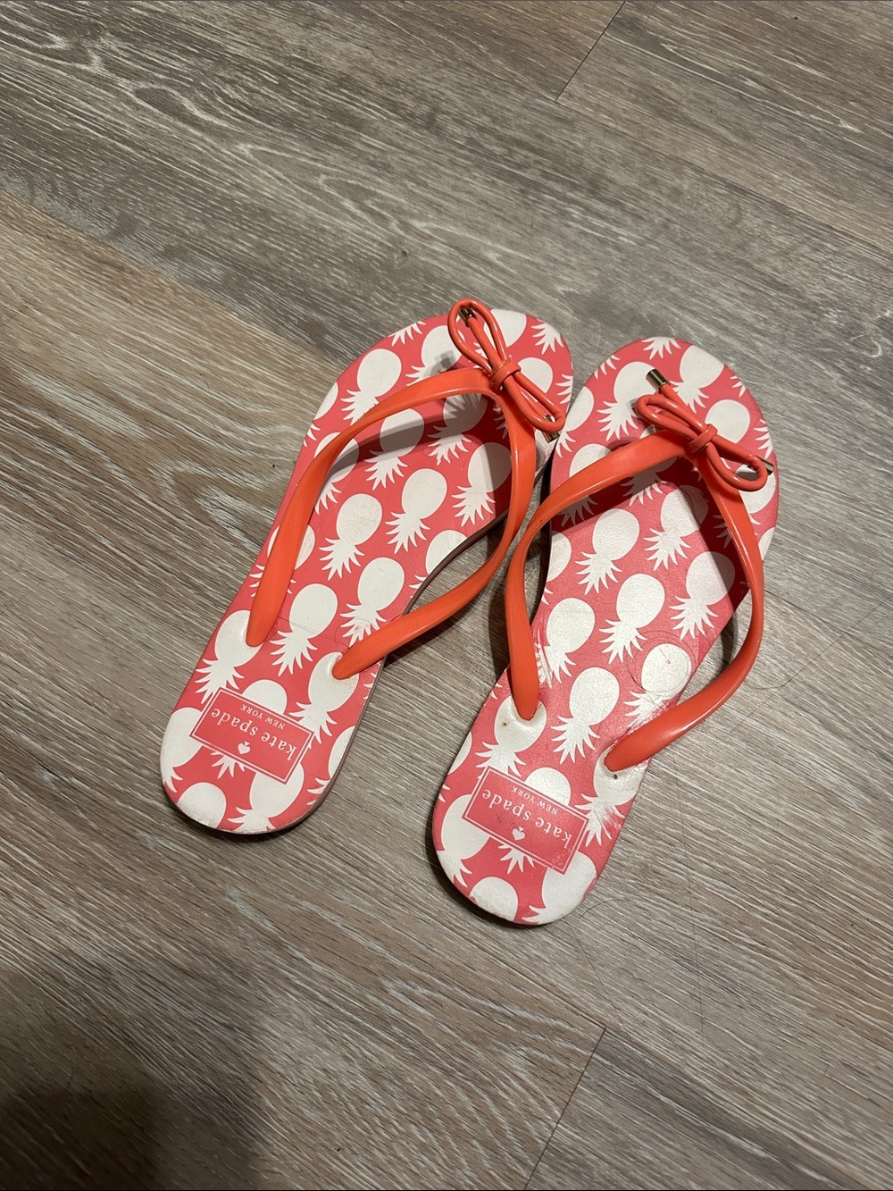 kate spade Coral and White Pineapple Print Bow Flip Flops